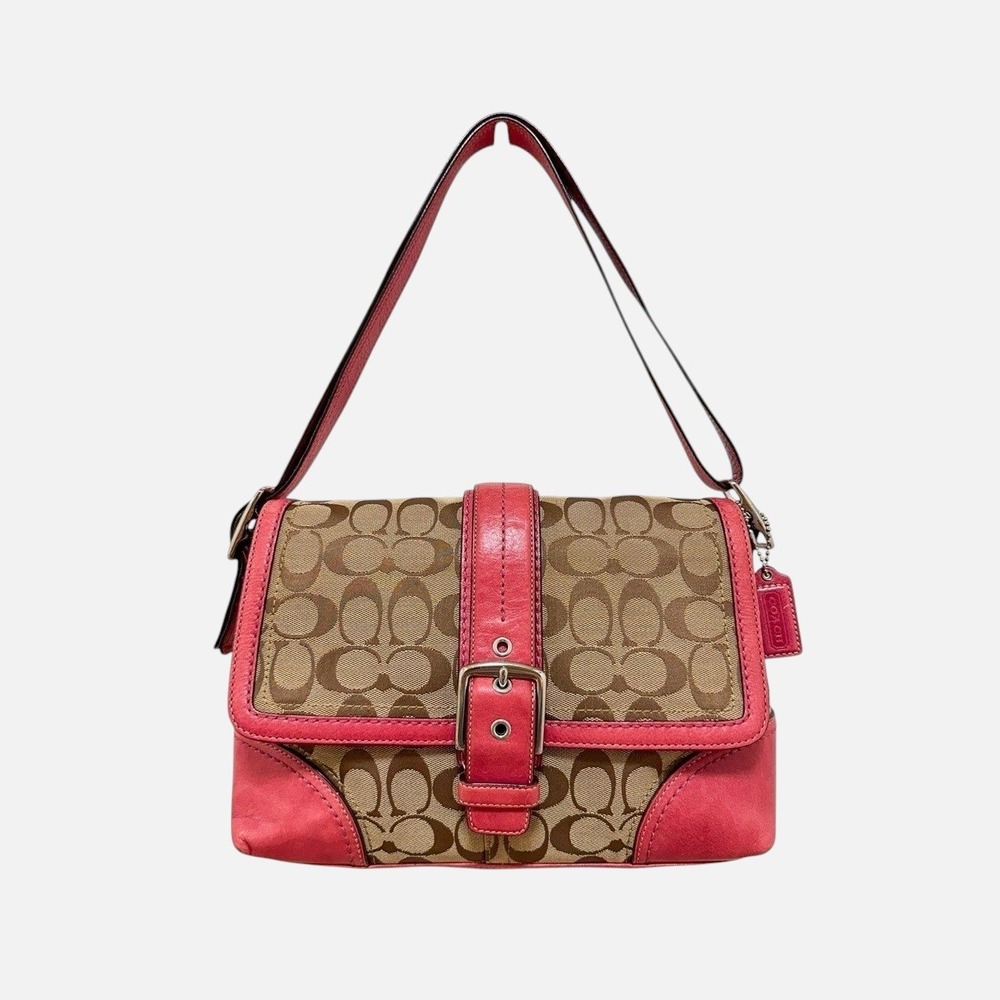 Coach Soho Buckle Flap Shoulder Bag Khaki Pink Jacquard Leather F12641